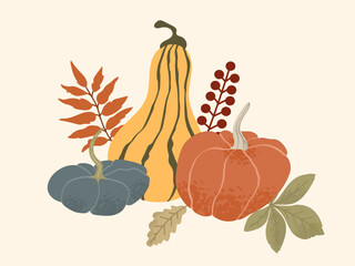Autumn Pumpkins and Leaves Illustration