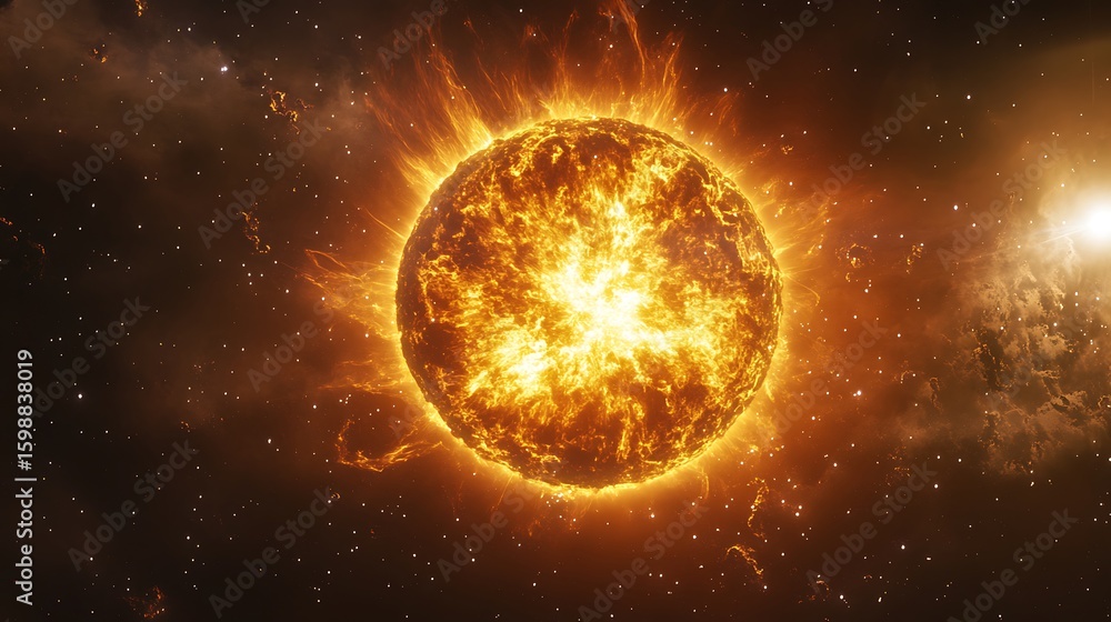 Poster exploding sun space scene with fiery plasma flare and starfield