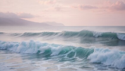 Obraz premium Turquoise ocean waves with sea foam crash onto shore. Soft pastel sky during golden hour creates a tropical paradise feel. Gentle sea breeze enhances natural wonder, perfect for beach vacation themes.