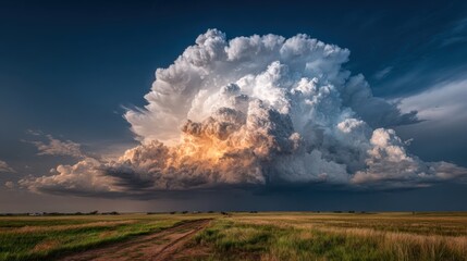 A large cloud in the sky with a bright orange sun in the middle. The sky is mostly blue with a few clouds scattered around