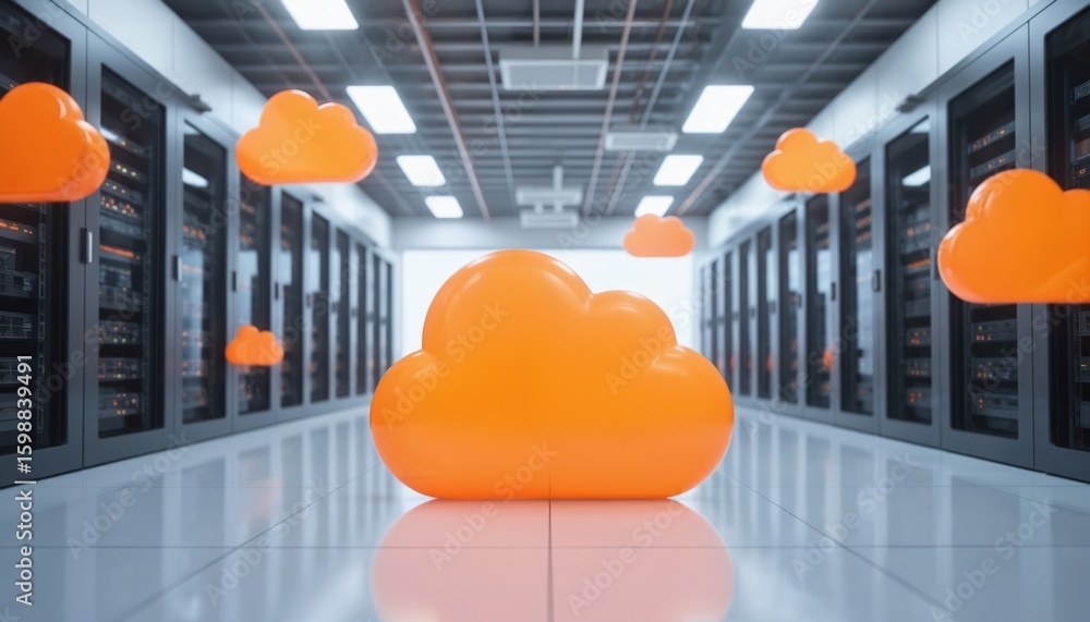 Aufkleber modern data center with rows of servers, vibrant orange cloud symbols representing cloud computing. 