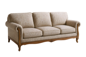 Elegant upholstered couch with floral patterns and ornate wooden details, perfect for classic interiors.