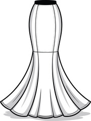 Women’s mermaid skirt fashion sketch with flared hem, fitted waistband, elegant silhouette, front and back, cad drawing flat vector illustration