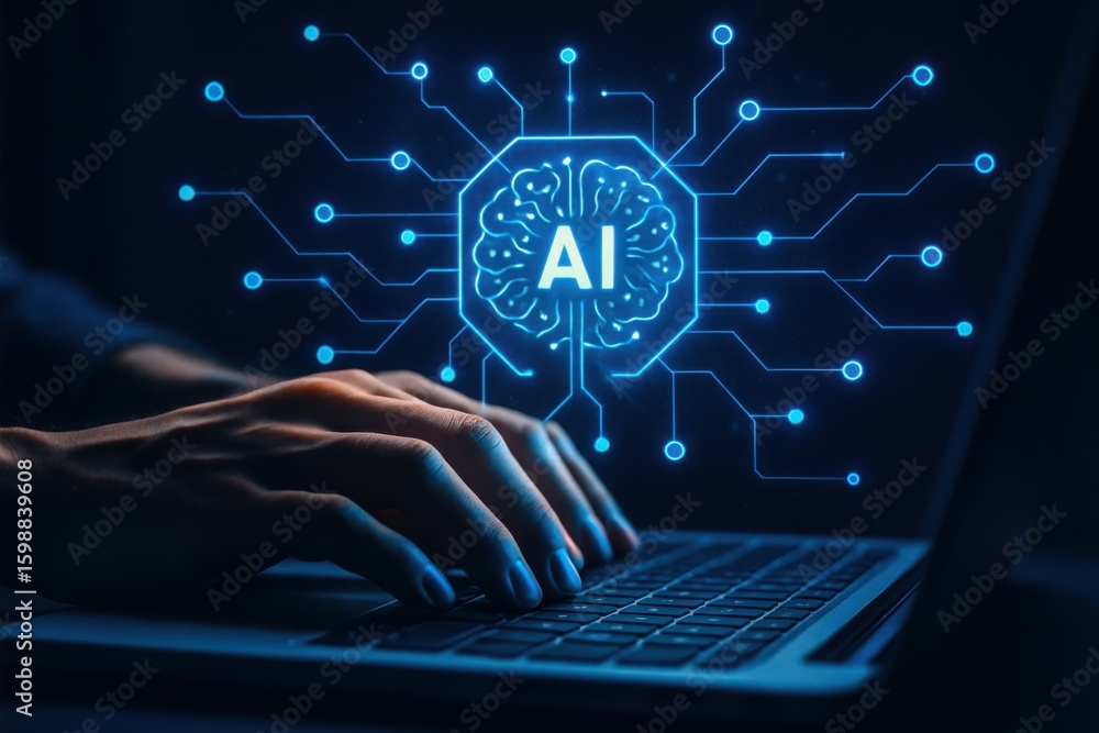 Aufkleber close up of hands typing on a laptop with a glowing blue artificial intelligence brain circuit graph