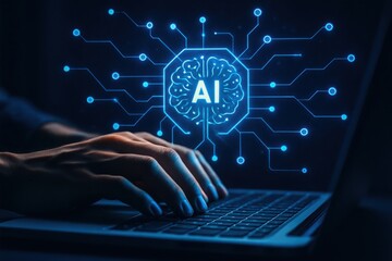 Close up of hands typing on a laptop with a glowing blue artificial intelligence brain circuit graphic overlay