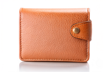 Elegant tan leather wallet with a textured grain finish and a secure snap button closure, isolated on a clean white background