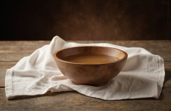 Wooden bowl filled with water and a white towel symbolizes humility, service, and spiritual cleansing. Represents Maundy Thursday traditions, repentance, and purification rituals for Christian faith. - Powered by Adobe