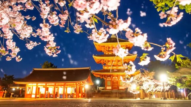 Buddhist Pagoda at the Temple. A Japanese temple famous for its beautiful cherry blossoms. 4K video.