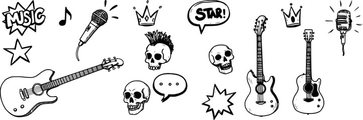 Music star doodle icon punk rock set. Hand drawn music sketch guitar, microphone, skull. Fun graffiti star shape doodle arrow, crown, speech bubble grunge decoration elements. Vector illustration