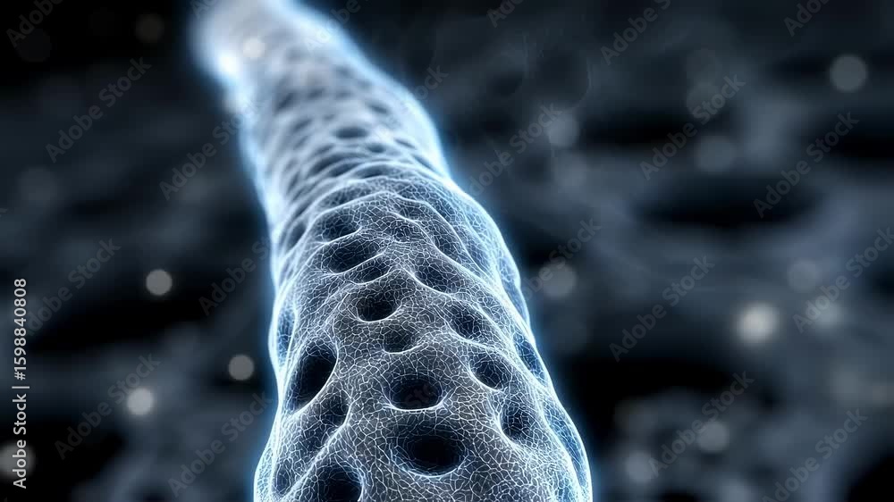 Poster glowing microscopic nerve fiber transmitting electrical signals through a complex network, represent