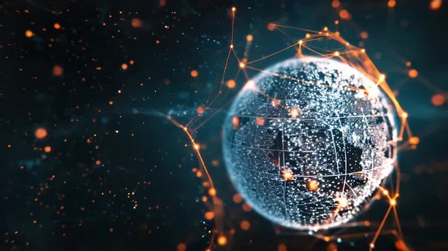 A blue and orange globe surrounded by lines and dots, suitable for use in presentations or educational materials