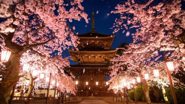 Buddhist Pagoda at the Temple. A Japanese temple famous for its beautiful cherry blossoms. 4K video.