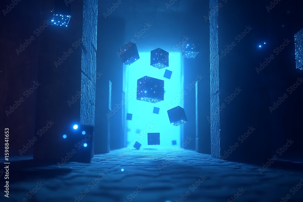 Poster floating cubes in blue toned corridor abstract data visualization