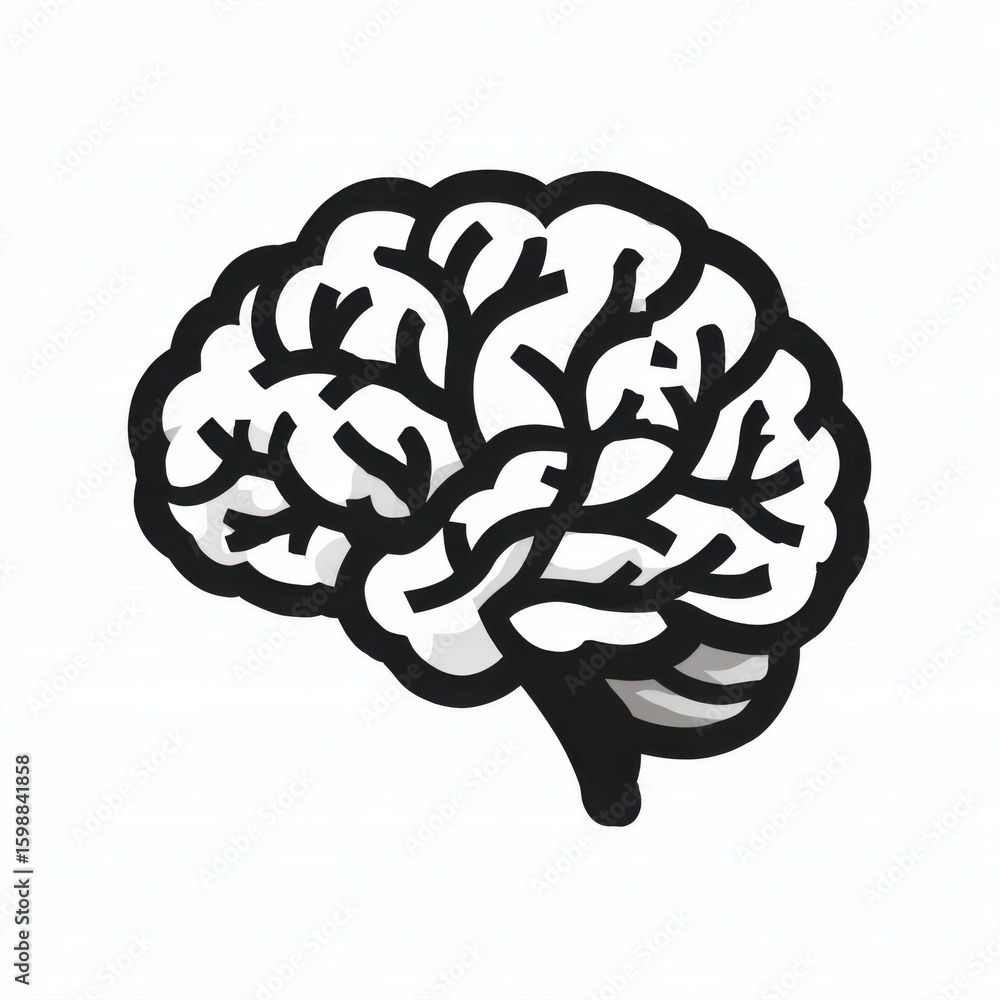 Poster a brain with a tree trunk is shown in black and white. the brain is the main focus of the image, and