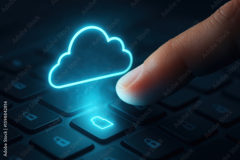 Aufkleber close up of a finger pressing a glowing blue cloud icon on a dark keyboard representing cloud comput