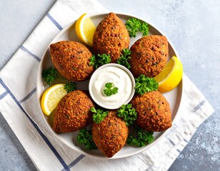 Fried savory pastries with yogurt dip