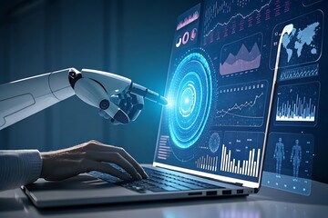 Robot arm interacts with futuristic digital interface displaying data analytics artificial intelligence