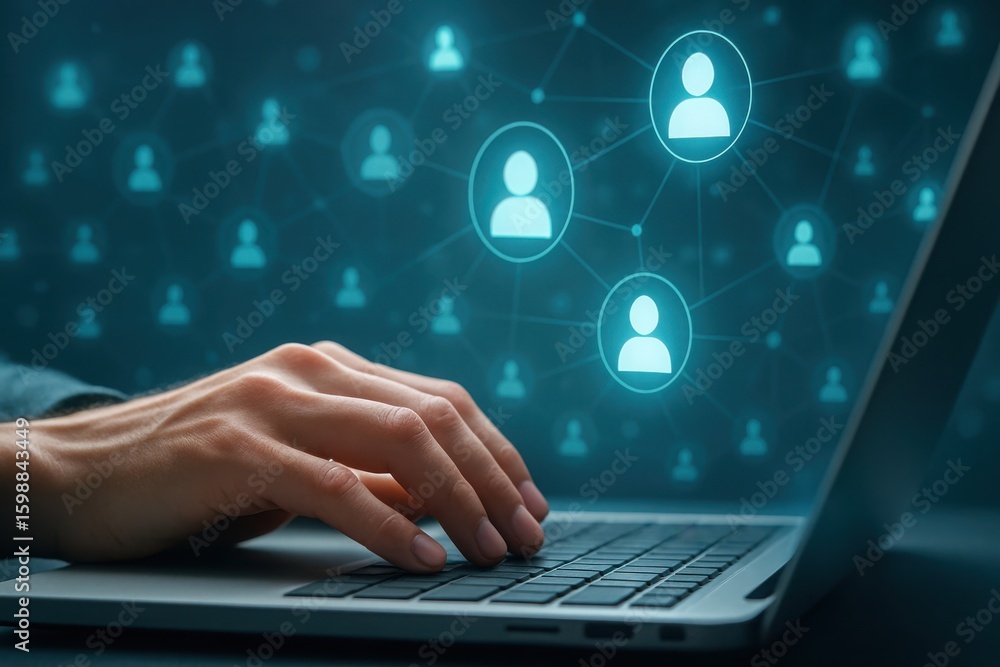 Poster close up of hands typing on a laptop with a digital network of people icons glowing in the backgroun