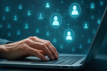 Close up of hands typing on a laptop with a digital network of people icons glowing in the background