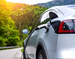 Electric car charging in scenic mountains
