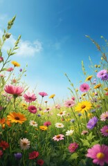 Fototapeta premium Vibrant summer meadow brimming with colorful flowers under clear blue sky. Bright sun illuminates field of blooming wildflowers, creating serene natural landscape perfect for eco-themes, outdoor
