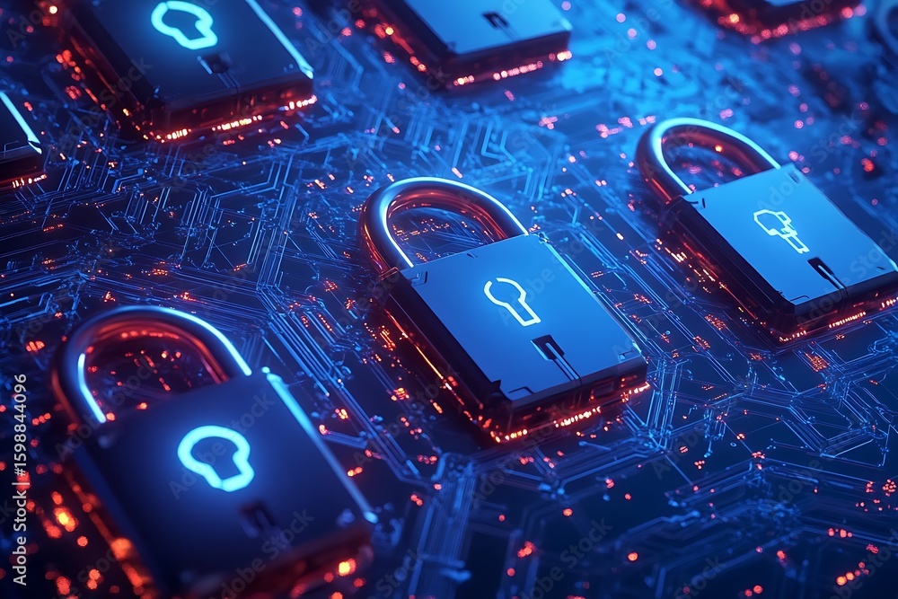 Poster padlocks on circuit board representing cyber security and data protection