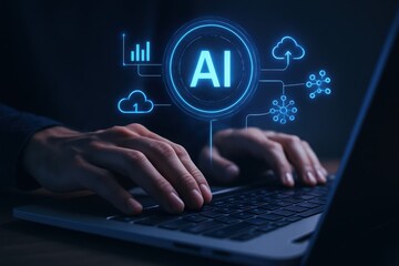 Obraz premium Person s hands typing on a laptop with glowing ai technology interface and digital icons representing data and cloud computing