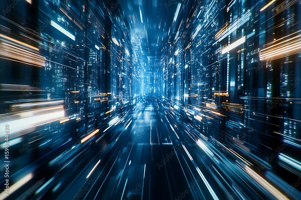 Aufkleber exploring digital tunnel speeding through futuristic data highway with light streaks