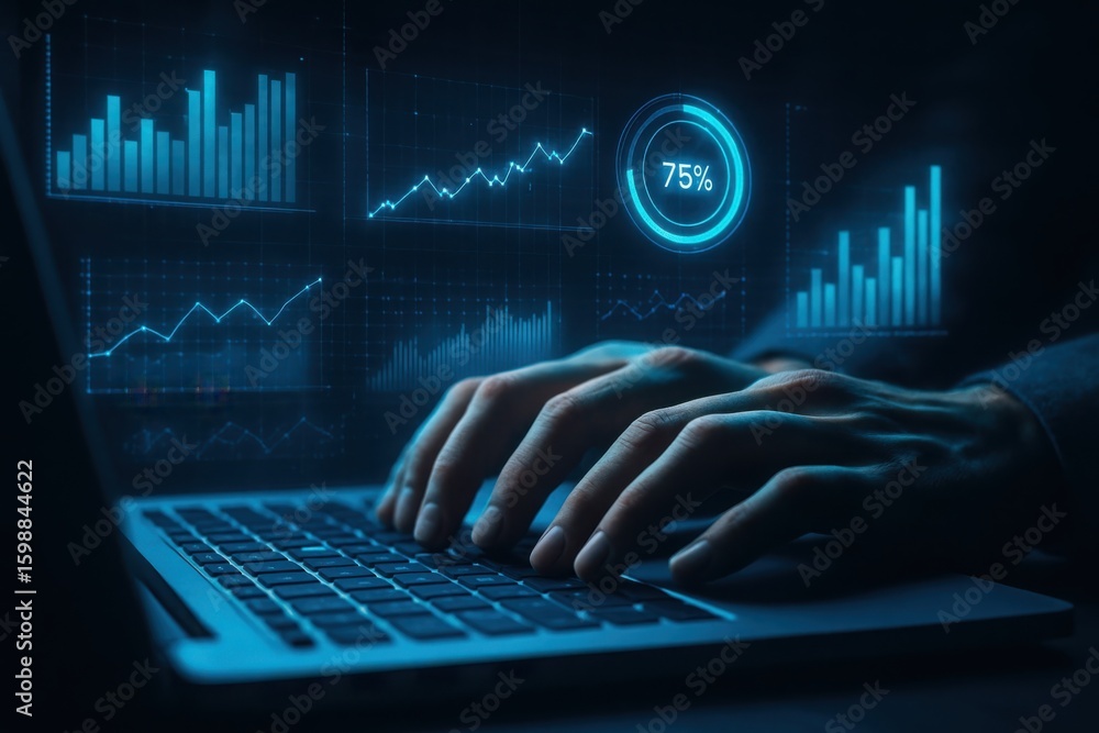 Poster close up of hands typing on a laptop displaying glowing blue financial charts and data analytics on 