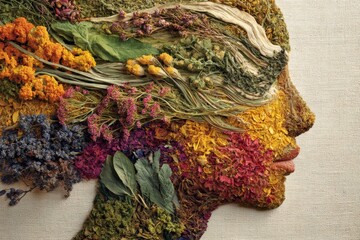 Nature's palette: herbs in a calming human silhouette. Ayurveda guide. Natural sleep remedies: balancing doshas for better rest. Calm techniques. Sleep patterns.