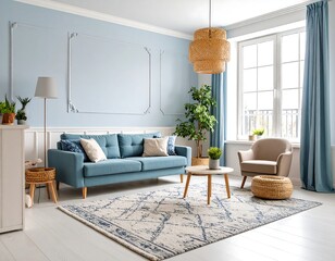 Light blue living room with rattan accents