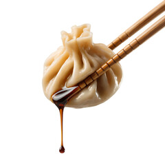 Delicious chinese dumpling with chopsticks and soy sauce on background isolated on transparent background