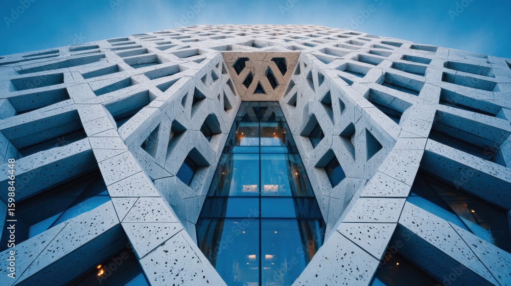 Poster a tall building with a large window on the side. the window is rectangular and has a diamond shape