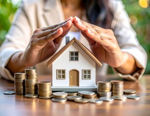 Hands protecting a small house model over coins