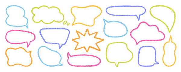 Chalk pencil speech bubbles doodle set. Crayon communication frame, comic talk balloon in sketch style, Grunge texture. Hand drawn vector illustration isolated on white background