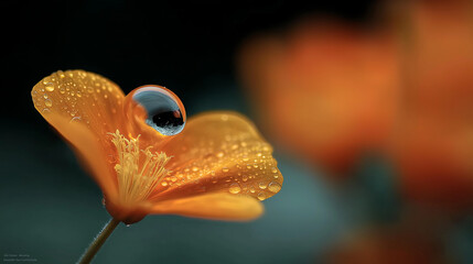 Close-up of a water droplet on an orange flower petal, macro photography, macro lens, macro view, high resolution, high definition, high quality, high detail, cinematic.