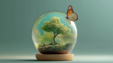 A butterfly is flying above the miniature tree inside a transparent glass ball, with a green background, in a 3D rendering.