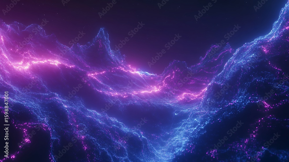 Poster abstract digital landscape with glowing lines and particles against dark background