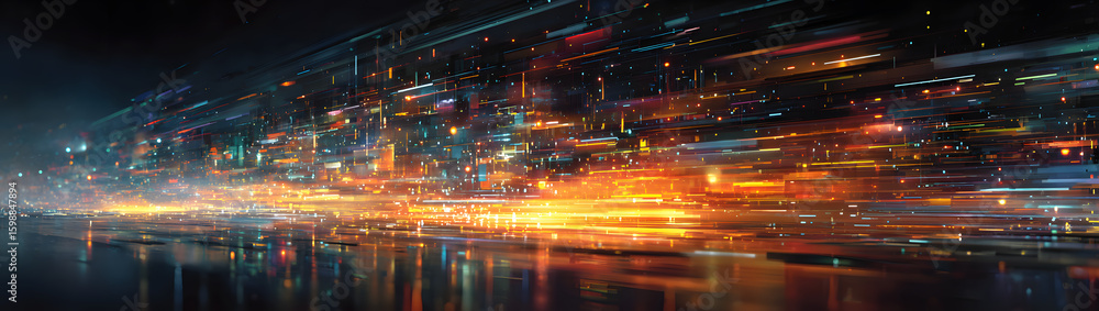 Poster a vibrant, abstract representation of data streams and circuitry, showcasing intricate of light and 