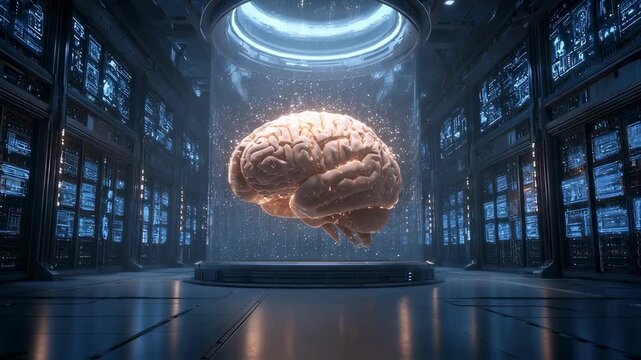Captured under a hightech glass dome at the center of a highdensity server farm a brain model emits a warm glow while being encircled by floating data clouds and virtual matrices. The