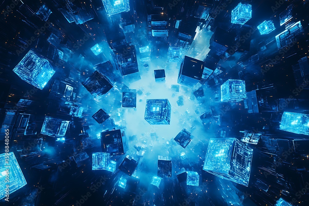 Poster floating blue cubes with intricate circuitry design in a digital space