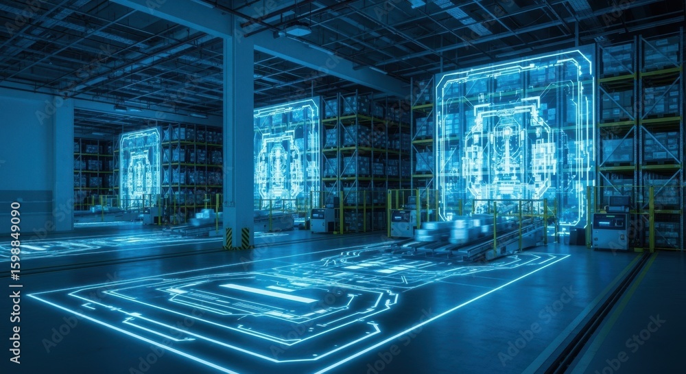 Aufkleber innovative storage warehouse with dynamic digital projections enhancing workflow efficiency.