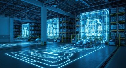 Innovative storage warehouse with dynamic digital projections enhancing workflow efficiency.