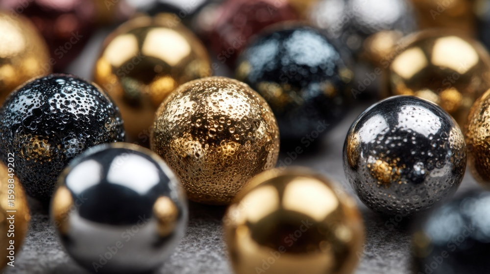 Poster a collection of shiny, metallic balls of various sizes and colors. the balls are arranged in a way t
