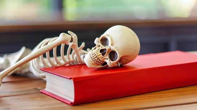 Symbol of Mortality: A human skull rests atop a bright red book, with a full skeletal figure, symbolizing the passage of knowledge and the inevitable nature of death.