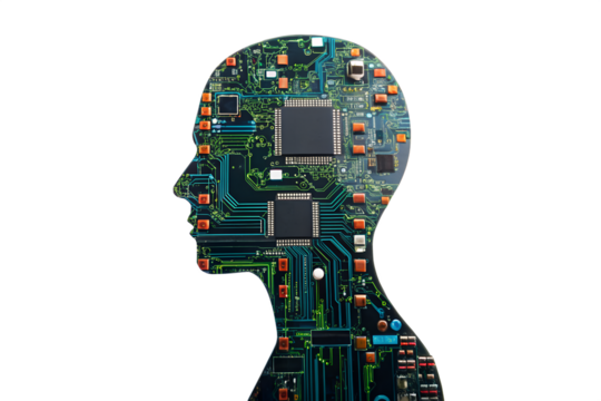 An Abstract Visual Representation of Artificial Intelligence and Machine Learning Concepts, Symbolizing the Integration of Human Thought with Advanced Digital Circuits.