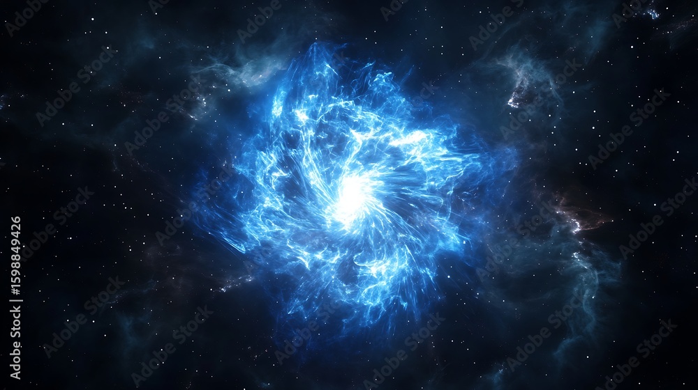 Poster glowing cosmic nebula explosion in deep space with stars around
