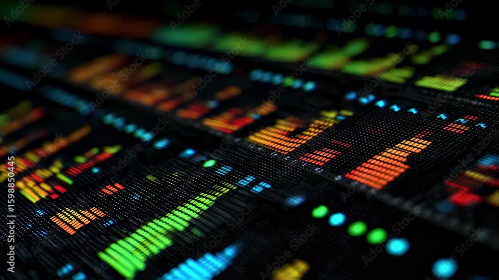 Poster big data visualization showing colorful information flowing on digital display, representing modern 