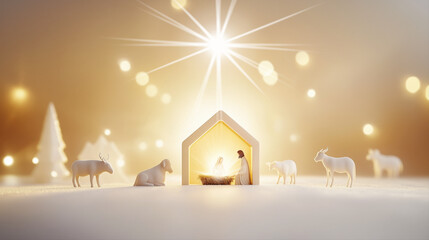 Fototapeta premium Symbolic Nativity Scene with Holy Family and Animals, Blurred Background