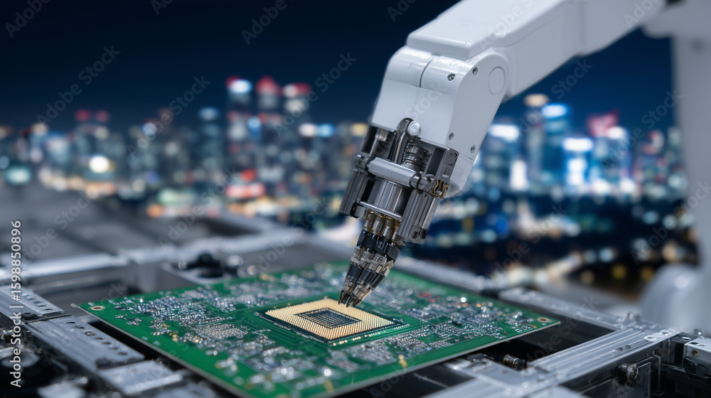 Poster close-up of robotic arm placing tiny microchip onto green circuit board, surrounded by neatly aligne
